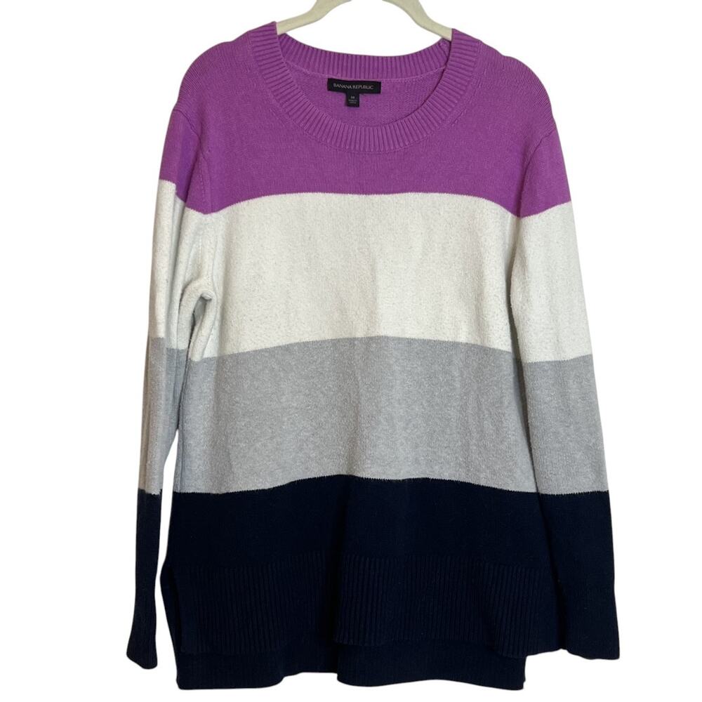 Banana Republic Colorblock Sweater Medium Purple Ivory Gray Navy Crew Neck